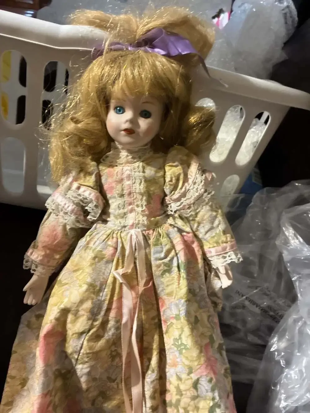 Vintage Porcelain Victorian Style Doll with Blonde Hair and Floral Dress